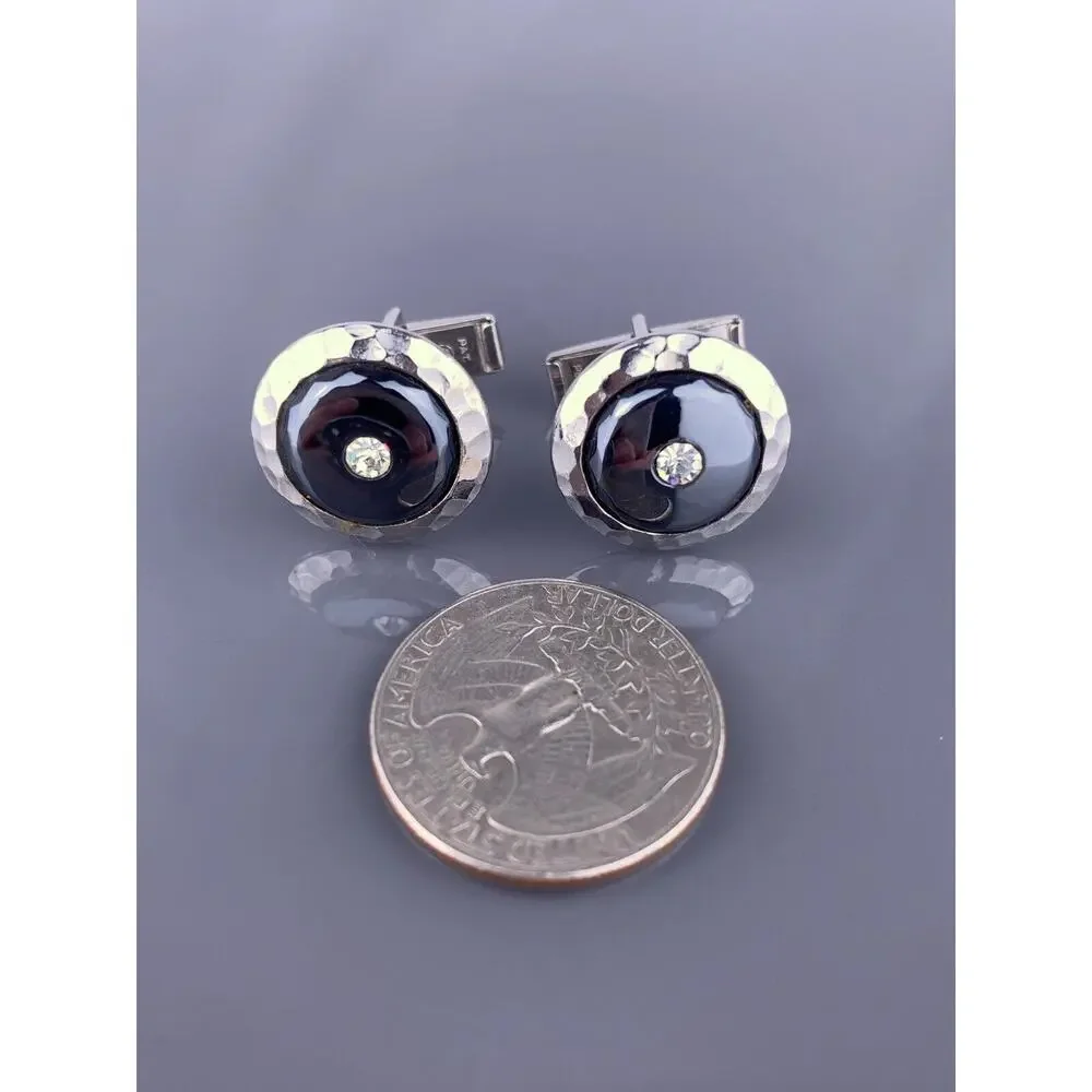 Hematite Rhinestone Silver Tone Cufflinks Hammered Edge Round Vintage